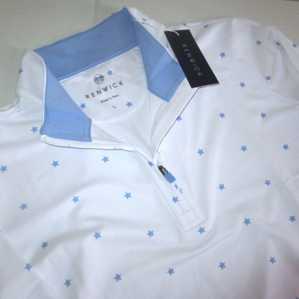 RENWICK Quarter-Zip Mock Neck Golf Top Size L White Periwinkle Star Print White - Picture 7 of 8